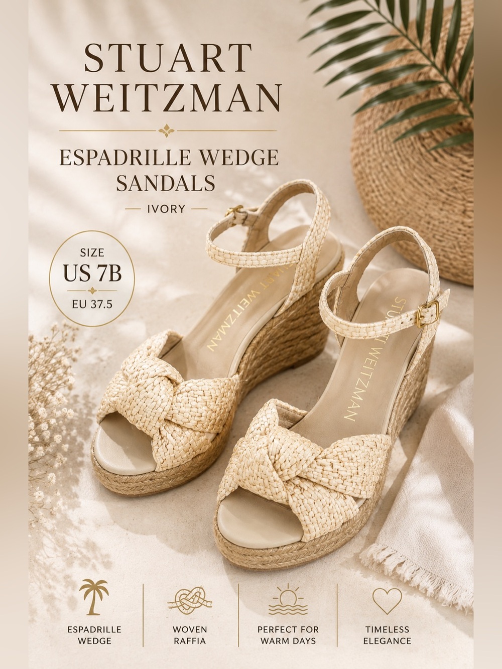 Stuart Weitzman Woven Espadrille Wedge Sandals Ivory Size 7B